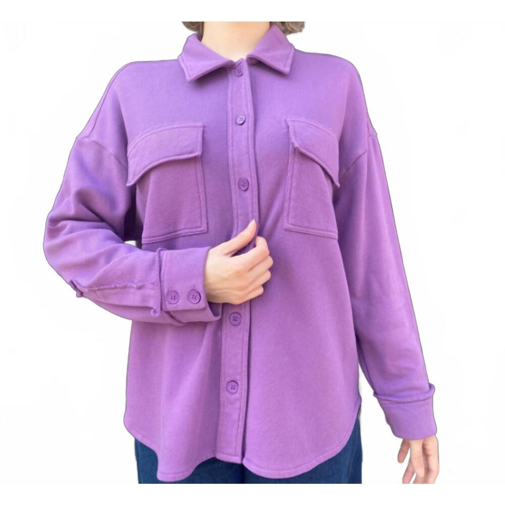 NEW REPEAT CASHMERE fleece button front shacket in violet
